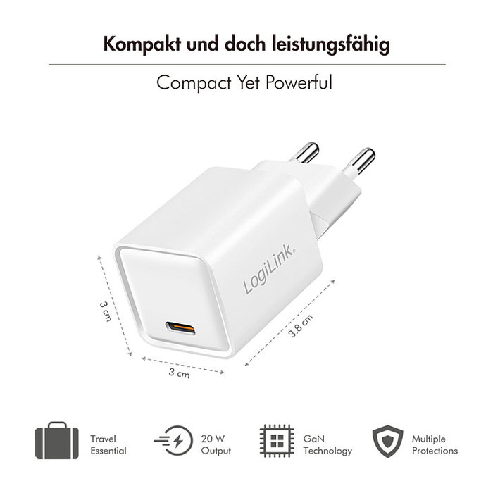 LogiLink Cargador USB-C 20 W GaN 1 puerto Blanco
