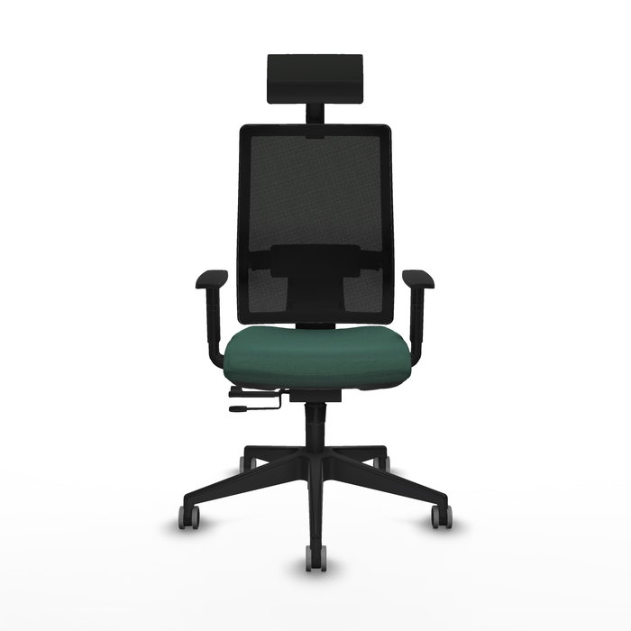 Silla de oficina Horna con mecanismo Sincro/Traslack tapizada con Tela color Verde botella y malla color Negro. Equipada con lumbar 1D, Brazos 1D, Cabecero Fijo y Ruedas 65 mm parqué