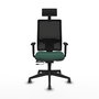 Silla de oficina Horna con mecanismo Sincro/Traslack tapizada con Tela color Verde botella y malla color Negro. Equipada con lumbar 1D, Brazos 1D, Cabecero Fijo y Ruedas 65 mm parqué