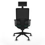 Silla de oficina Horna con mecanismo Sincro/Traslack tapizada con Tela color Verde botella y malla color Negro. Equipada con lumbar 1D, Brazos 1D, Cabecero Fijo y Ruedas 65 mm parqué