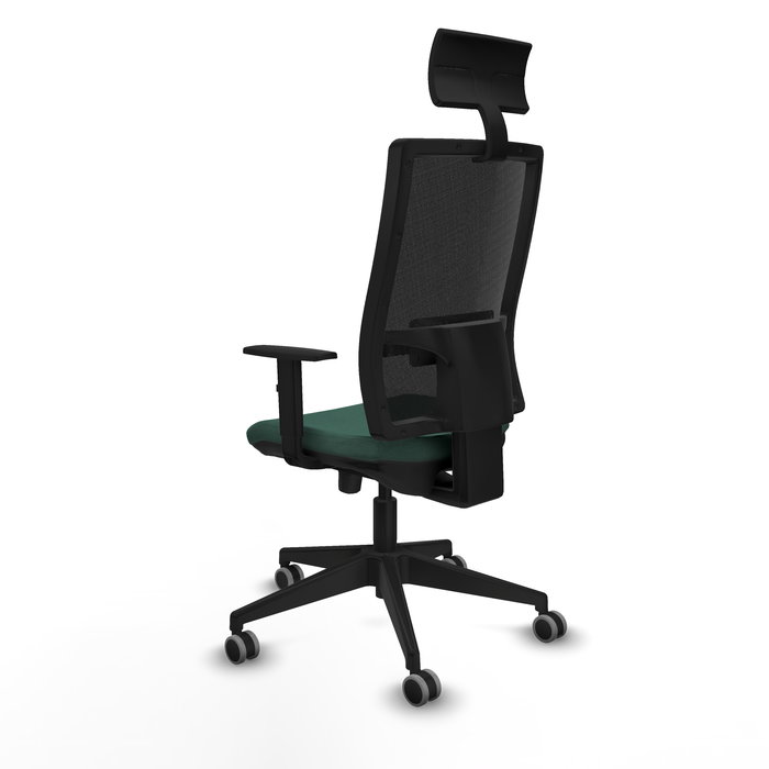 Silla de oficina Horna con mecanismo Sincro/Traslack tapizada con Tela color Verde botella y malla color Negro. Equipada con lumbar 1D, Brazos 1D, Cabecero Fijo y Ruedas 65 mm parqué