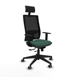 Silla de oficina Horna con mecanismo Sincro/Traslack tapizada con Tela color Verde botella y malla color Negro. Equipada con lumbar 1D, Brazos 1D, Cabecero Fijo y Ruedas 65 mm parqué