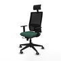 Silla de oficina Horna con mecanismo Sincro/Traslack tapizada con Tela color Verde botella y malla color Negro. Equipada con lumbar 1D, Brazos 1D, Cabecero Fijo y Ruedas 65 mm parqué