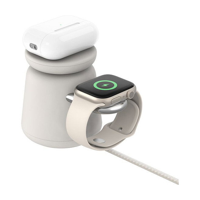 Belkin BOOST Charge PRO Cargador Inalámbrico 2 en 1 15W Qi2 WIZ027vfH37 para Smartphone y Reloj Inteligente, Cable 1.5 m Beige