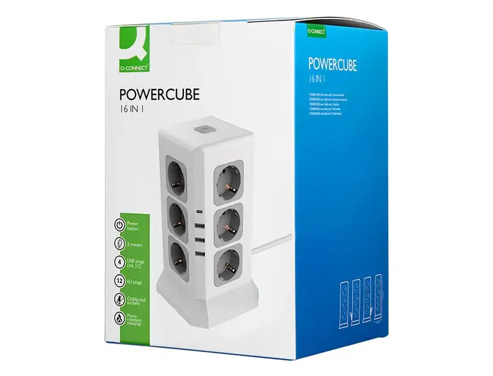 Q-connect Regleta múltiple 16 en 1 con 12 tomas, 3 USB y 1 USB-C, 2 m