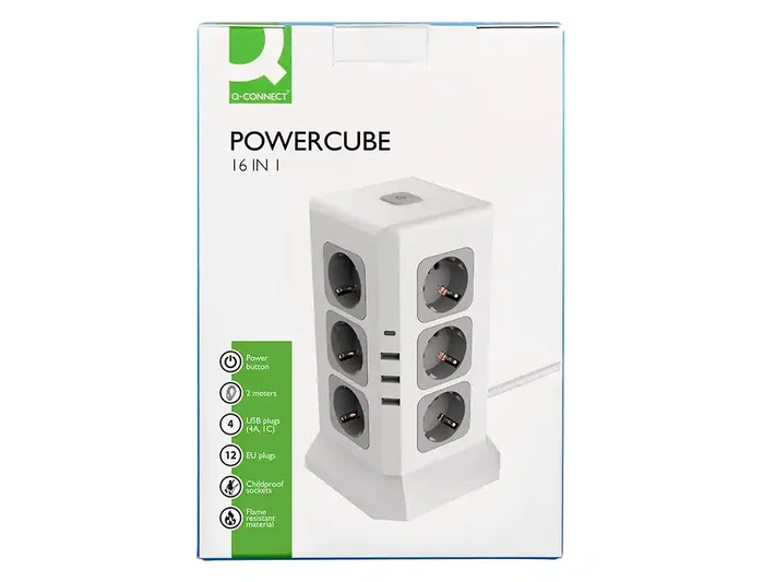 Q-connect Regleta múltiple 16 en 1 con 12 tomas, 3 USB y 1 USB-C, 2 m