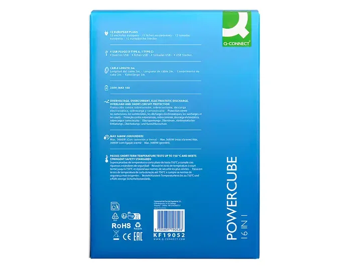 Q-connect Regleta múltiple 16 en 1 con 12 tomas, 3 USB y 1 USB-C, 2 m