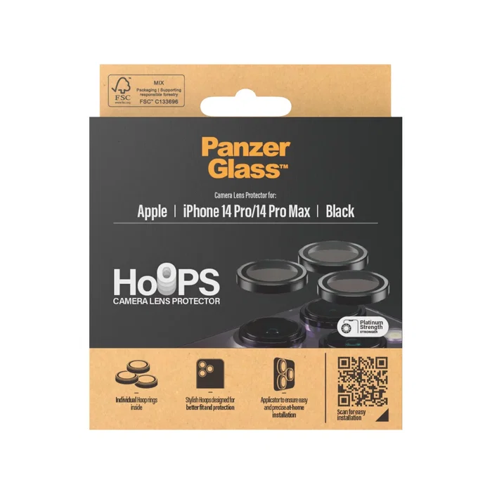 PanzerGlass Hoops Protector de Cámara de Vidrio Templado Negro para iPhone 14 Pro y 14 Pro Max - Aplicación en Seco Anti-huellas
