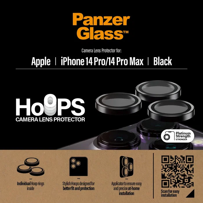 PanzerGlass Hoops Protector de Cámara de Vidrio Templado Negro para iPhone 14 Pro y 14 Pro Max - Aplicación en Seco Anti-huellas