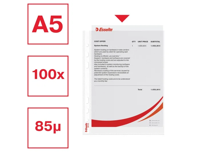 Esselte Funda Multitaladro DIN A5 Polipropileno Piel de Naranja con Refuerzo, Transparente, Bolsa de 100 Unidades