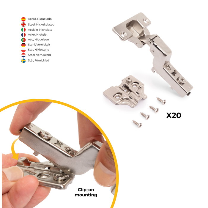 Emuca Lote de 20 bisagras supercodo X92 con cierre suave y suplementos para atornillar, Acero, Niquelado