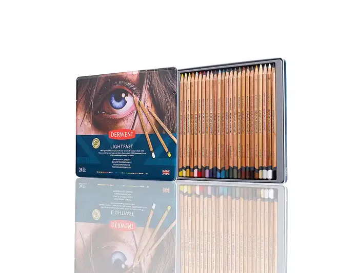 Derwent Lapices Colores Lightfast Resistente a la Luz Caja Metalica 24 Colores Surtidos