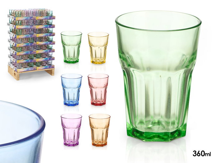 Vivalto Vaso de Vidrio Surtido 6 Colores 360ml Pintado por Fuera Apto Lavavajillas Display 8x12x8.5cm (Set de 168)