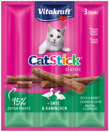 Vitakraft Cat Stick Mini Pato y Conejo, Snacks para Gatos, 20 Paquetes x 3 Unidades Individuales, Snack de Carne Alta Palatabilidad, Grain Free