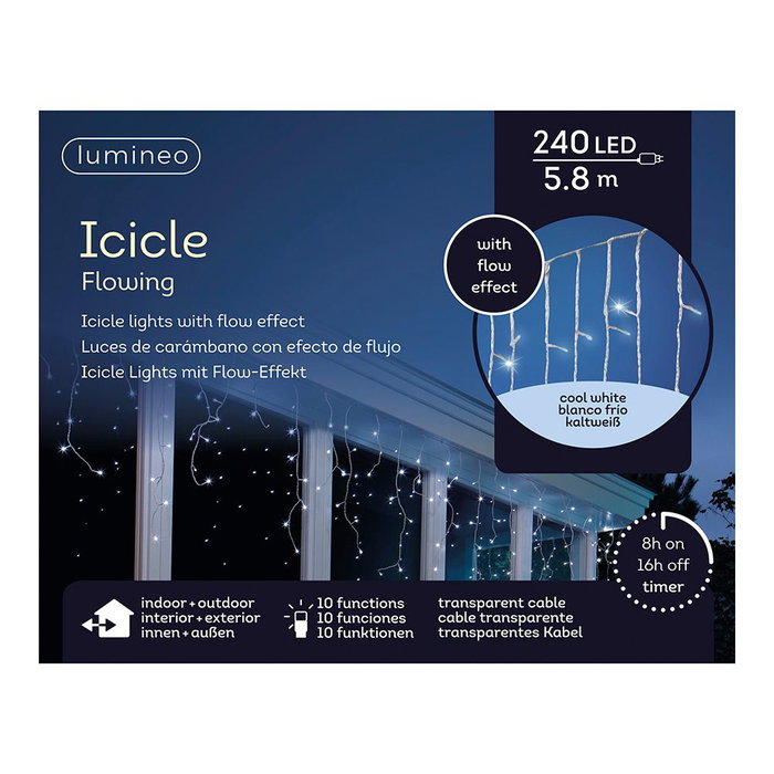 LUMINEO Cortina LED Exterior Icicle Multifunción, 240 LEDs, Efecto Nieve, Luz Fría, 5.8m de Largo, 10 Funciones, IP44