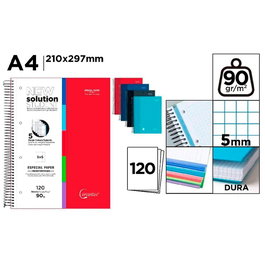 Cervantes Cuaderno A4 de espiral con tapa dura, 120 hojas, colores surtidos