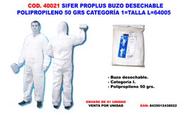 SIFER Traje Buzo Desechable Polipropileno 50gr Categoría 1 Talla L