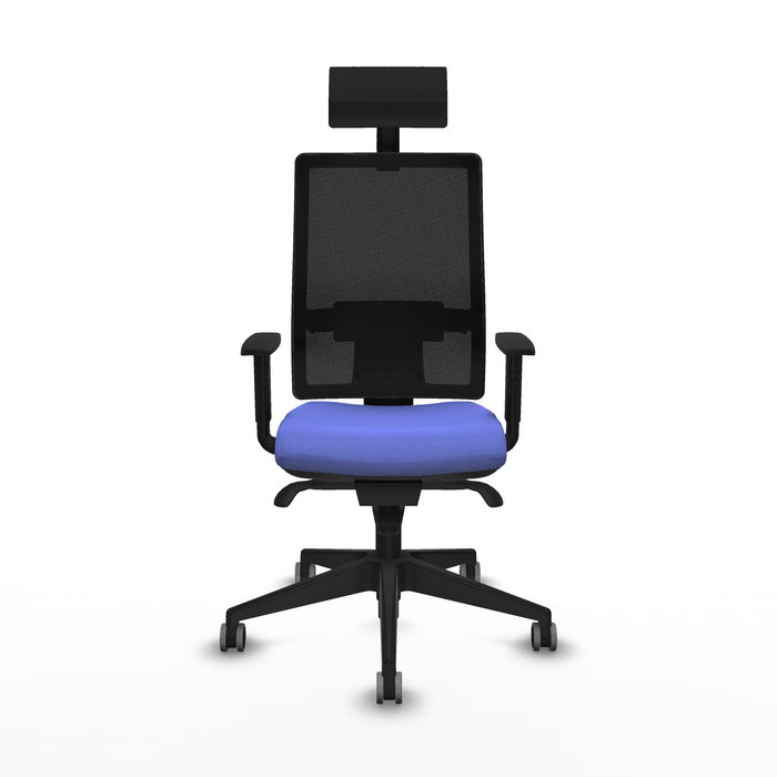 Silla de oficina Horna con mecanismo Sincro tapizada con Tela color Azul claro y malla color Negro. Equipada con lumbar 1D, Brazos 1D, Cabecero Fijo y Ruedas 65 mm parqué