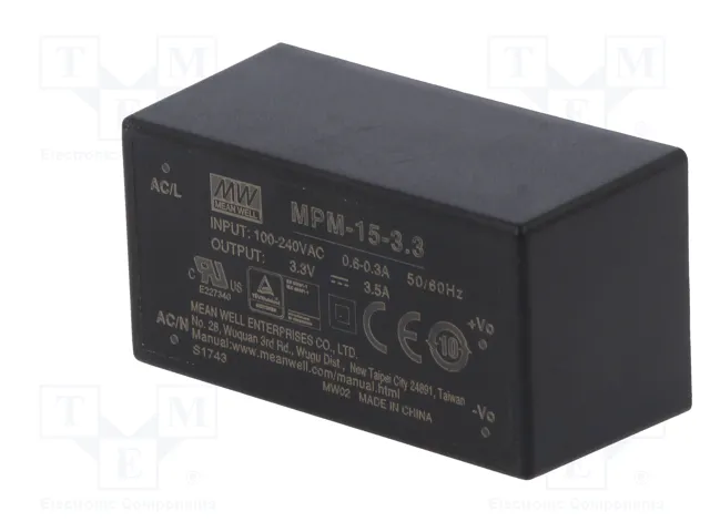 MEAN WELL MPM-15-3.3 Convertidor AC/DC 11,6W 3,3V DC MEAN WELL MPM-15-3.3 Convertidor AC/DC 11,6W 3,3V DC