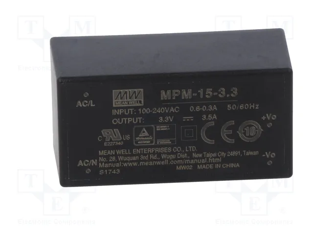 MEAN WELL MPM-15-3.3 Convertidor AC/DC 11,6W 3,3V DC MEAN WELL MPM-15-3.3 Convertidor AC/DC 11,6W 3,3V DC