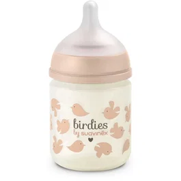Suavinex Biberón de Cristal Birdies con Tetina SX Pro XS 120 ml para 0-3 Meses, Color Rosa - SUA8426420905176