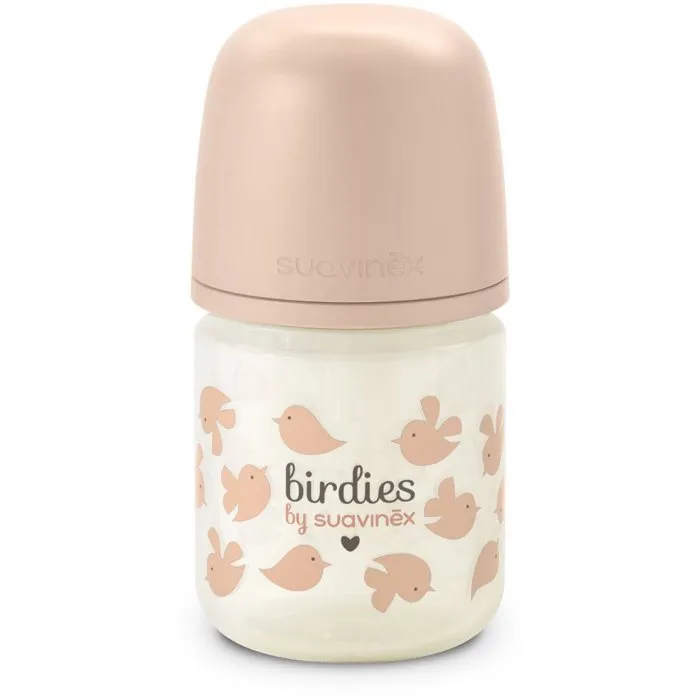 Suavinex Biberón de Cristal Birdies con Tetina SX Pro XS 120 ml para 0-3 Meses, Color Rosa - SUA8426420905176