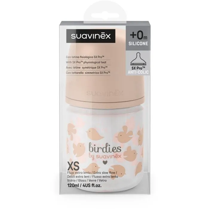 Suavinex Biberón de Cristal Birdies con Tetina SX Pro XS 120 ml para 0-3 Meses, Color Rosa - SUA8426420905176