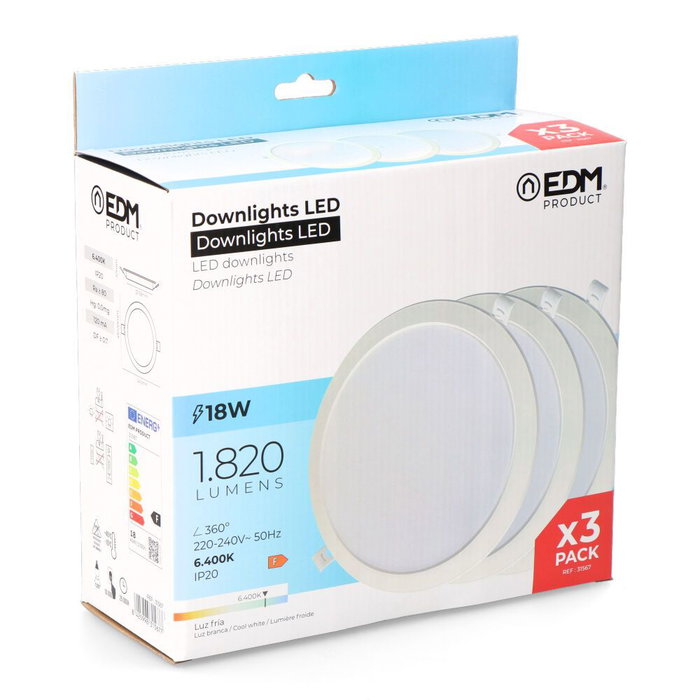 Edm Pack 3 Downlights LED 18W Luz Fría 6400K Empotrables Redondos Blanco