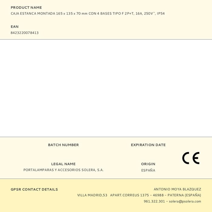 Solera Caja Estanca Montada 817-42p 165x135x70 mm con 4 Bases Schuko 16A 250V~ IP54 Solera Caja Estanca Montada 817-42p 165x135x70 mm con 4 Bases Schuko 16A 250V~ IP54