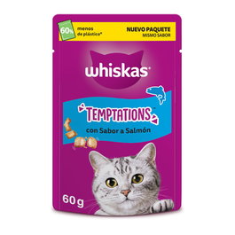 Whiskas Temptations Snacks para Gato Sabor Salmón, 6 Paquetes de 60 g