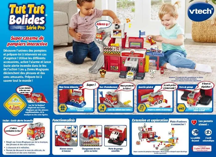 Vtech Estación de bomberos con torre de rescate TUT TUT Bolides, juguete interactivo a partir de 18 meses, 22 piezas, rojo, AAAMY83324