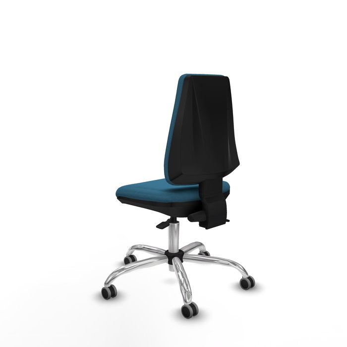 Silla de oficina Elche con mecanismo Asincro tapizada con Tela color Verde petróleo. Equipada con Base cromada, Sin brazos y Ruedas 65 mm parqué