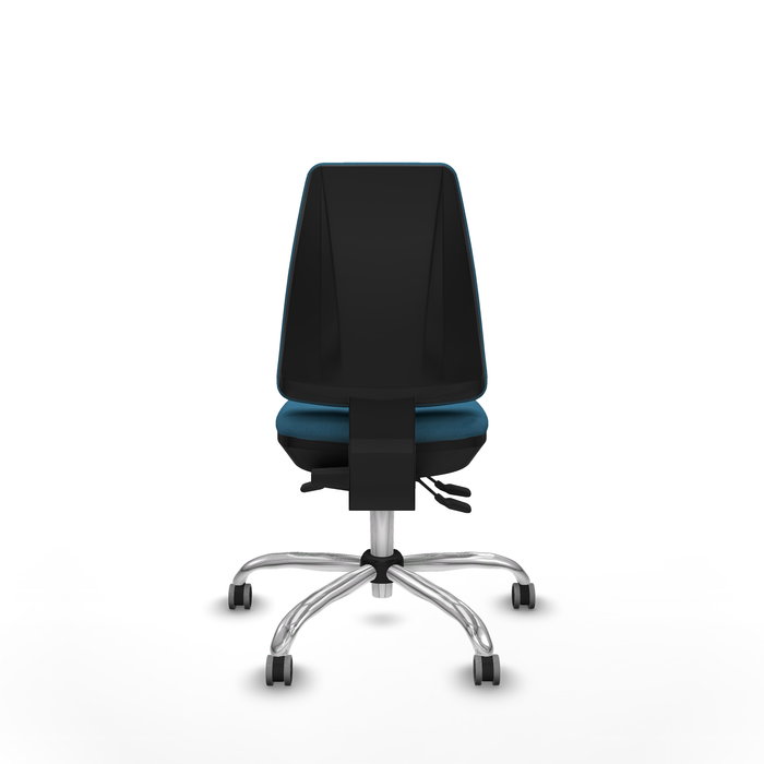 Silla de oficina Elche con mecanismo Asincro tapizada con Tela color Verde petróleo. Equipada con Base cromada, Sin brazos y Ruedas 65 mm parqué