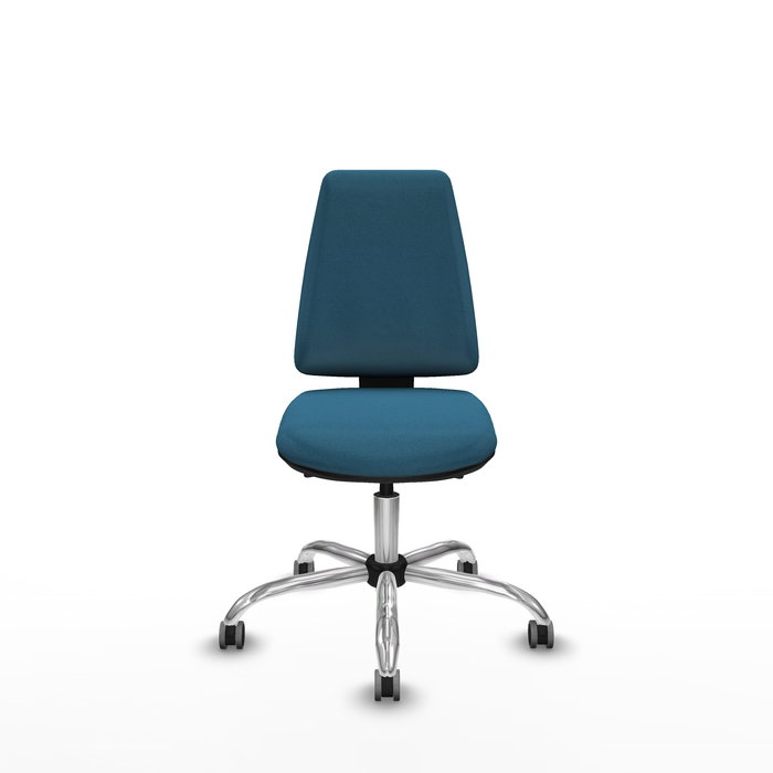 Silla de oficina Elche con mecanismo Asincro tapizada con Tela color Verde petróleo. Equipada con Base cromada, Sin brazos y Ruedas 65 mm parqué