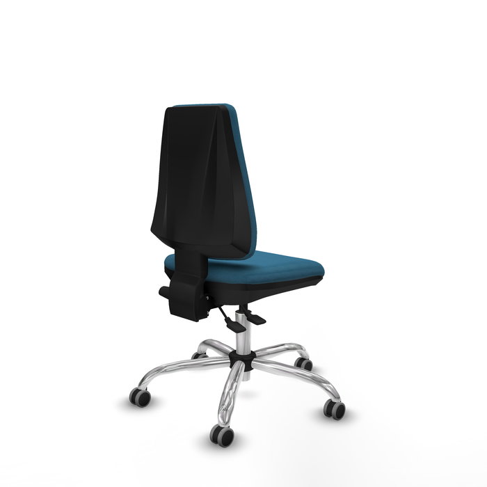 Silla de oficina Elche con mecanismo Asincro tapizada con Tela color Verde petróleo. Equipada con Base cromada, Sin brazos y Ruedas 65 mm parqué