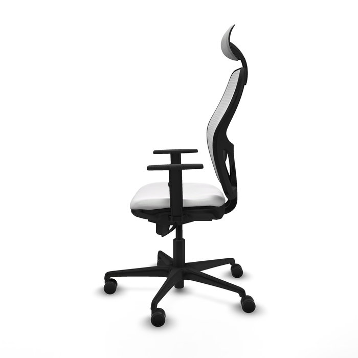 Silla de oficina Jorquera con mecanismo Sincro tapizada con Tela color Blanco. Equipada con lumbar 1D, Brazos 1D, Cabecero Fijo y Ruedas 65mm nailon