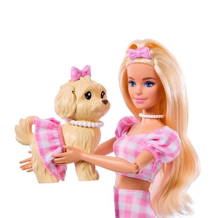 Barbie JFP36 Twinning Looks Muñeca Rubia con Perro y Conjunto Vichy Rosa