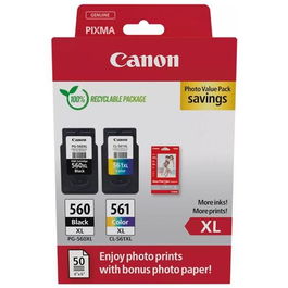 Canon Tinta Ecopack Negro + Tricolor y Papel Fotográfico 50 Hojas 10x15 para Pixma TS 5350-5353, 7450 - PG-560XL + CL-561XL