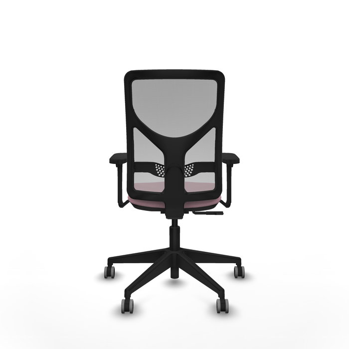 Silla de oficina Motilla con mecanismo Sincro tapizada con Tela color Rosa y malla color Gris. Equipada con lumbar 1D, Brazos 3D y Ruedas 65 mm parqué
