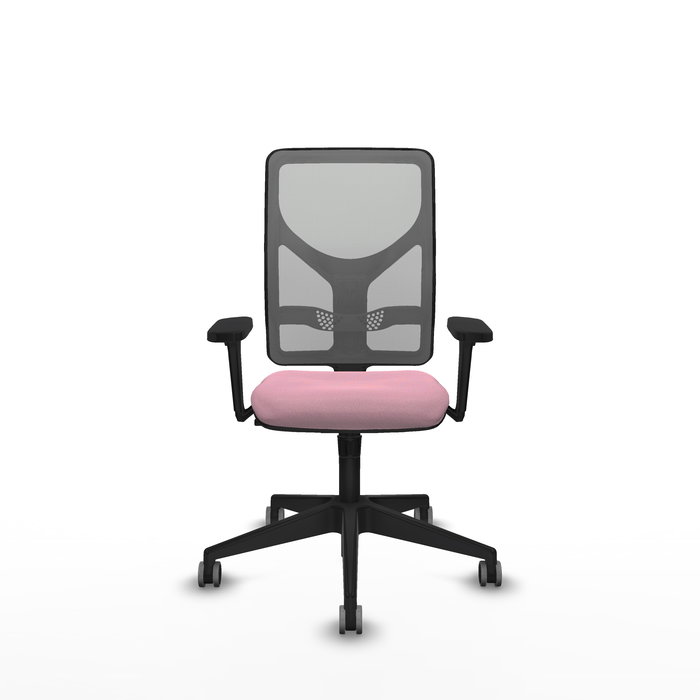 Silla de oficina Motilla con mecanismo Sincro tapizada con Tela color Rosa y malla color Gris. Equipada con lumbar 1D, Brazos 3D y Ruedas 65 mm parqué