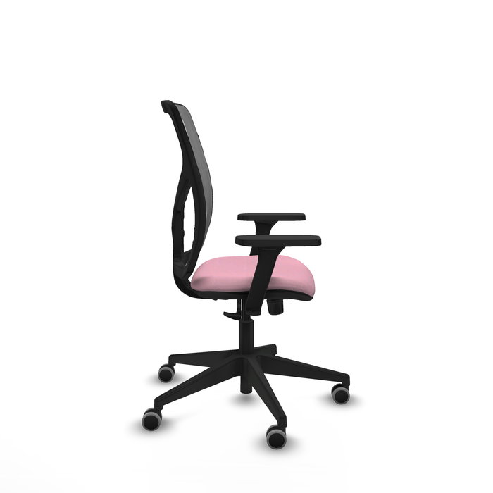 Silla de oficina Motilla con mecanismo Sincro tapizada con Tela color Rosa y malla color Gris. Equipada con lumbar 1D, Brazos 3D y Ruedas 65 mm parqué