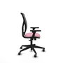 Silla de oficina Motilla con mecanismo Sincro tapizada con Tela color Rosa y malla color Gris. Equipada con lumbar 1D, Brazos 3D y Ruedas 65 mm parqué
