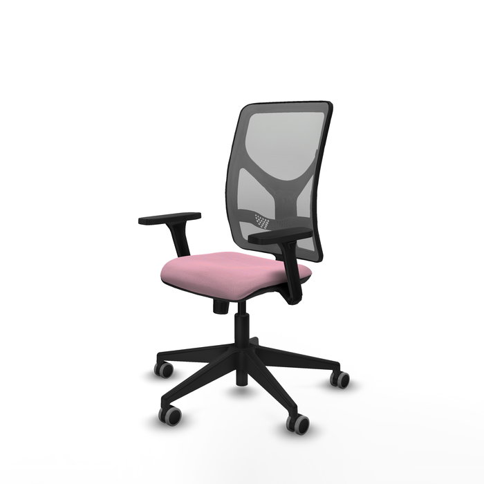 Silla de oficina Motilla con mecanismo Sincro tapizada con Tela color Rosa y malla color Gris. Equipada con lumbar 1D, Brazos 3D y Ruedas 65 mm parqué