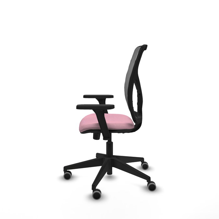 Silla de oficina Motilla con mecanismo Sincro tapizada con Tela color Rosa y malla color Gris. Equipada con lumbar 1D, Brazos 3D y Ruedas 65 mm parqué