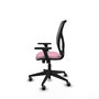 Silla de oficina Motilla con mecanismo Sincro tapizada con Tela color Rosa y malla color Gris. Equipada con lumbar 1D, Brazos 3D y Ruedas 65 mm parqué