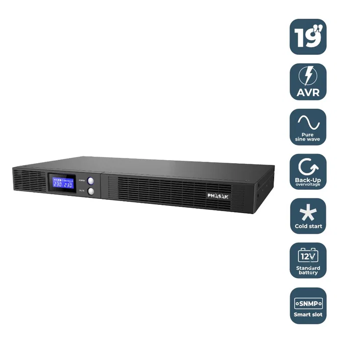 Phasak PH 7541 SAI Rack 1U 1500VA/900W Interactivo con Onda Sinusoidal Pura, AVR, 4 Salidas, LCD, USB, 165-290V
