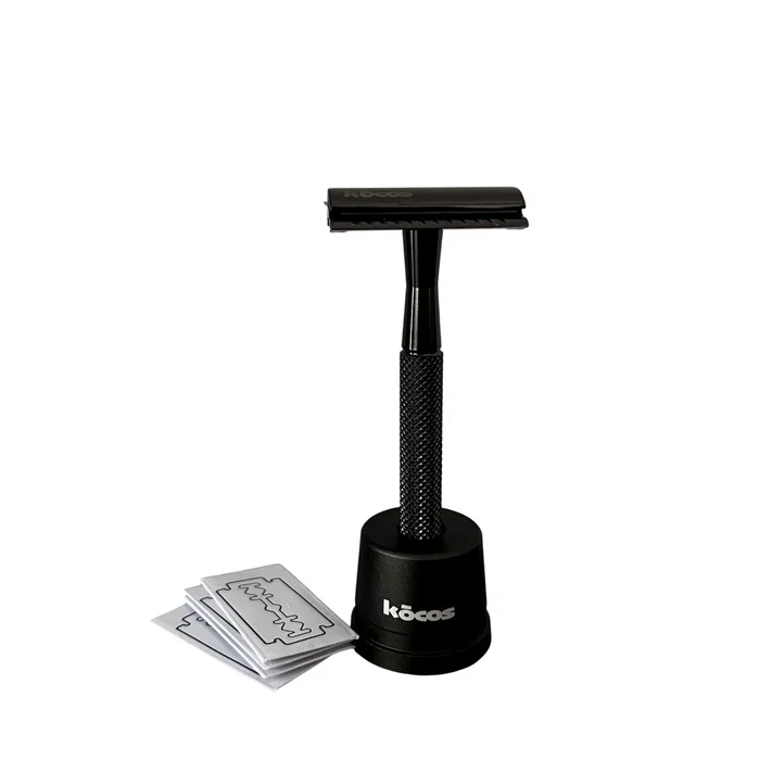Kocos XIFOS Maquinilla de Afeitar de Doble Filo para Hombre, Color Gris, Incluye Base y 5 Cuchillas de Acero Inoxidable de Recambio, Afeitado de Precisión Tipo Barbería