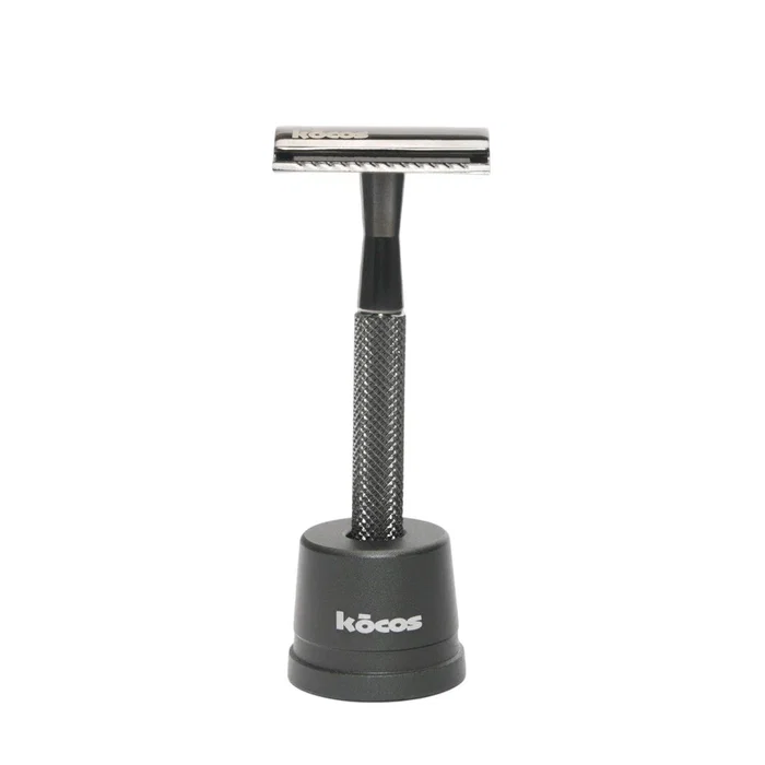 Kocos XIFOS Maquinilla de Afeitar de Doble Filo para Hombre, Color Gris, Incluye Base y 5 Cuchillas de Acero Inoxidable de Recambio, Afeitado de Precisión Tipo Barbería