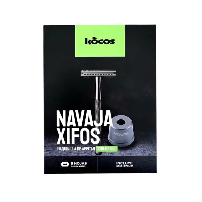 Kocos XIFOS Maquinilla de Afeitar de Doble Filo para Hombre, Color Gris, Incluye Base y 5 Cuchillas de Acero Inoxidable de Recambio, Afeitado de Precisión Tipo Barbería