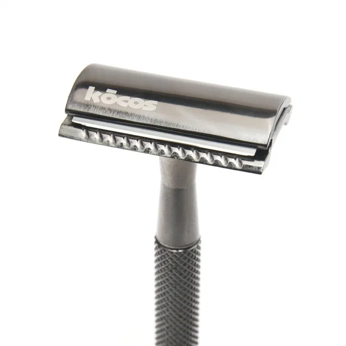 Kocos XIFOS Maquinilla de Afeitar de Doble Filo para Hombre, Color Gris, Incluye Base y 5 Cuchillas de Acero Inoxidable de Recambio, Afeitado de Precisión Tipo Barbería